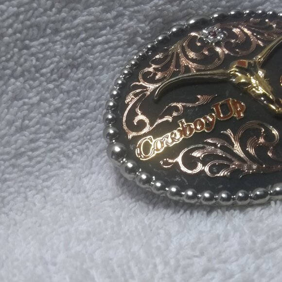 Montana Silversmiths Rose Gold Red Crystal Cowboy Up Texas Longhorns Buckle EC main image 4